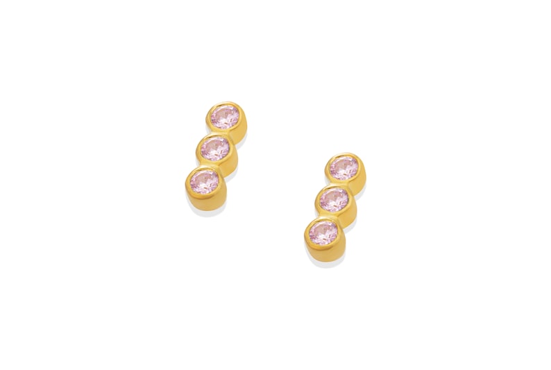 Pink Sapphire Earrings / Three Stone Stud Earrings / September Birthstone Gift / Minimalist Gemstone Earrings